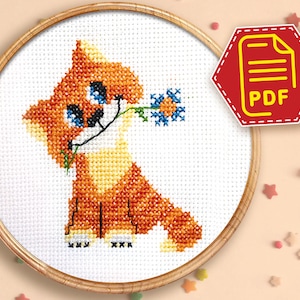 Geteld patroon oranje kat kruissteek - borduurontwerp met dieren voor beginners - direct downloaden in pdf