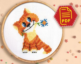 Orange cat cross stitch counted pattern - Animal embroidery design for beginners - Instant Download in PDF