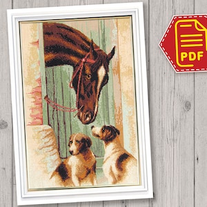 Cross stitch PDF &#39;Near the stables&#39; Animal embroidery design for Adults, Brown horse and Hunting dogs Counted Pattern, DIY home decor