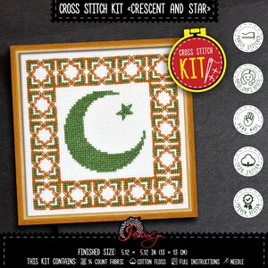 Ramadanpresent, korsstygnskit, halvmåne och stjärna, religiöst broderikit med räknat mönster, handgjord julklapp, gör-det-själv-heminredning