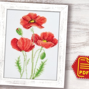 Red poppy cross stitch counted pattern, Wild flowers poppies embroidery design for adults and kids - Instant Download in PDF