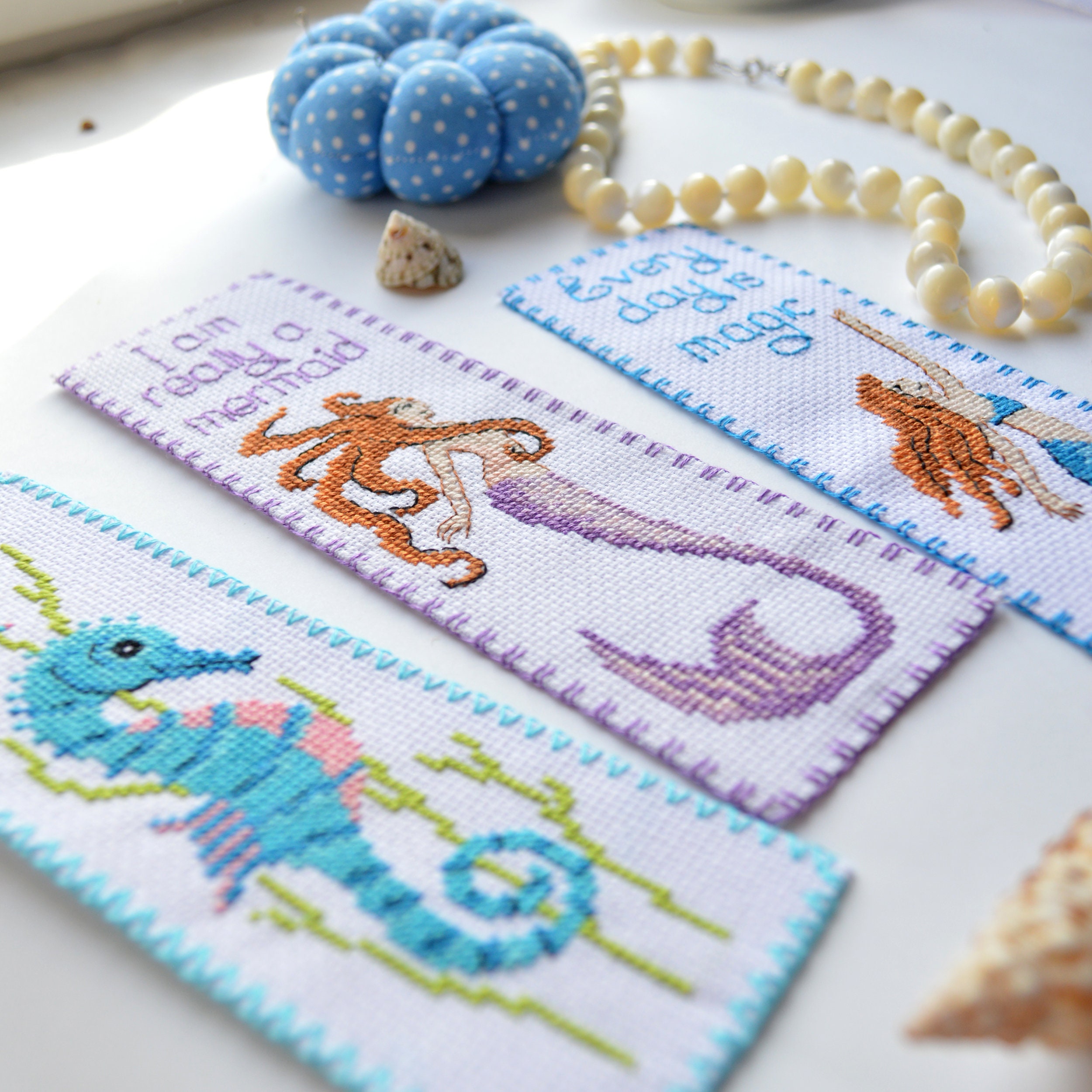 Seahorse Cross Stitch Bookmark Kit - Embroidery Set for DIY Book Marker