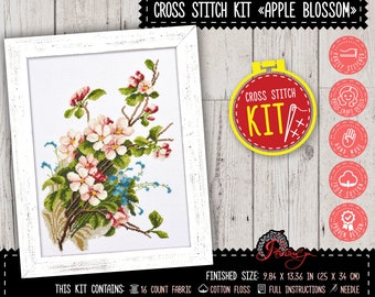 Apple blossom cross stitch kit, Spring flowers embroidery kit for intermediate or advanced - Handmade kitchen decor - Cross stitch gift