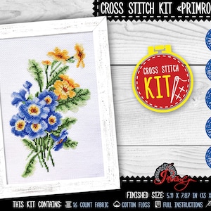 Primrose flowers cross stitch kit, DIY embroidery kit for intermediate or advanced, Handmade kitchen wall decor, Cross stitch gift for Mom
