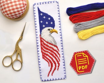 ハクトウワシのクロスステッチパターン米国国章 - 独立記念日 7 月 4 日のブックマーク刺繍デザイン - PDF でダウンロード