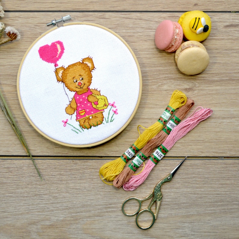 I love you Cross stitch kit Teddy Bear girl DIY Valentines gift