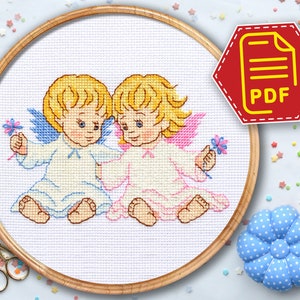 Twin angel babies cross stitch counted pattern - Cute boy and girl embroidery design for nursery decor - Instant Download in PDF