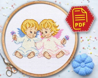 Zwillings Engel Baby Kreuzstichmuster - süßer Junge und Mädchen Stickdatei für Kinderzimmer Deko - Sofort Download in PDF