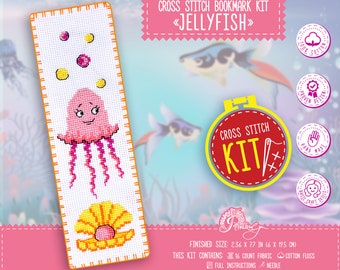 Jellyfish cross stitch bookmark kit, Ocean Animal embroidery kit with Counted Pattern, Jellyfish embroidery, Handmade bookmark, DIY Kit