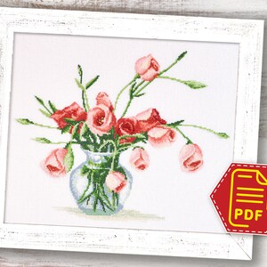Pink roses bouquet cross stitch pattern, Modern flowers embroidery design for adults and kids - Instant Download in PDF