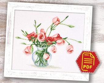 Pink roses bouquet cross stitch pattern, Modern flowers embroidery design for adults and kids - Instant Download in PDF