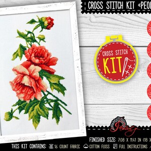 Peony bouquet cross stitch kit, Pink peonies embroidery kit with counted pattern, DIY kitchen decor, Birthday gift for needlewoman