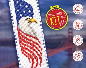 Cross Stitch Kit 'Bald Eagle', Eagle bookmark, Eagle embroidery kit with easy Counted Pattern, Patriotic gift, Patriotic eagle