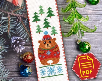 Bear and Snowflakes bookmark cross stitch counted pattern - Winter embroidery design - Download in PDF and DIY Christmas gift