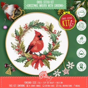 Weihnachtskranz mit Kardinal Kreuzstichpackung, Winterferien Ornament Kit mit einfachem Zählmuster - Do it yourself Weihnachtsdekor
