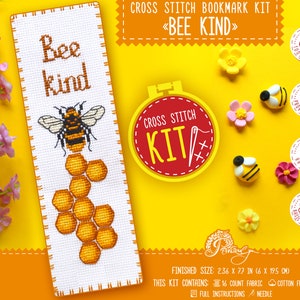 Bookmark cross stitch kit Small Honey Bee &#39;Bee kind&#39; quote embroidery pattern for handmade bookmark - Do It Yourself gift for book lover