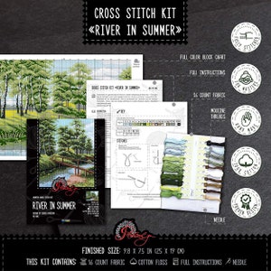 Nature cross stitch kit, Forest landscape embroidery kit with counted pattern 'River in summer' DIY housewarming gift image 3