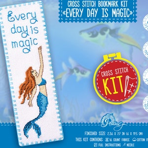 Kit de marcapáginas de sirena en punto de cruz &quot;Cada día es mágico&quot;, kit de bordado de fantasía con patrón contado, frase motivadora y kit de manualidades DIY.