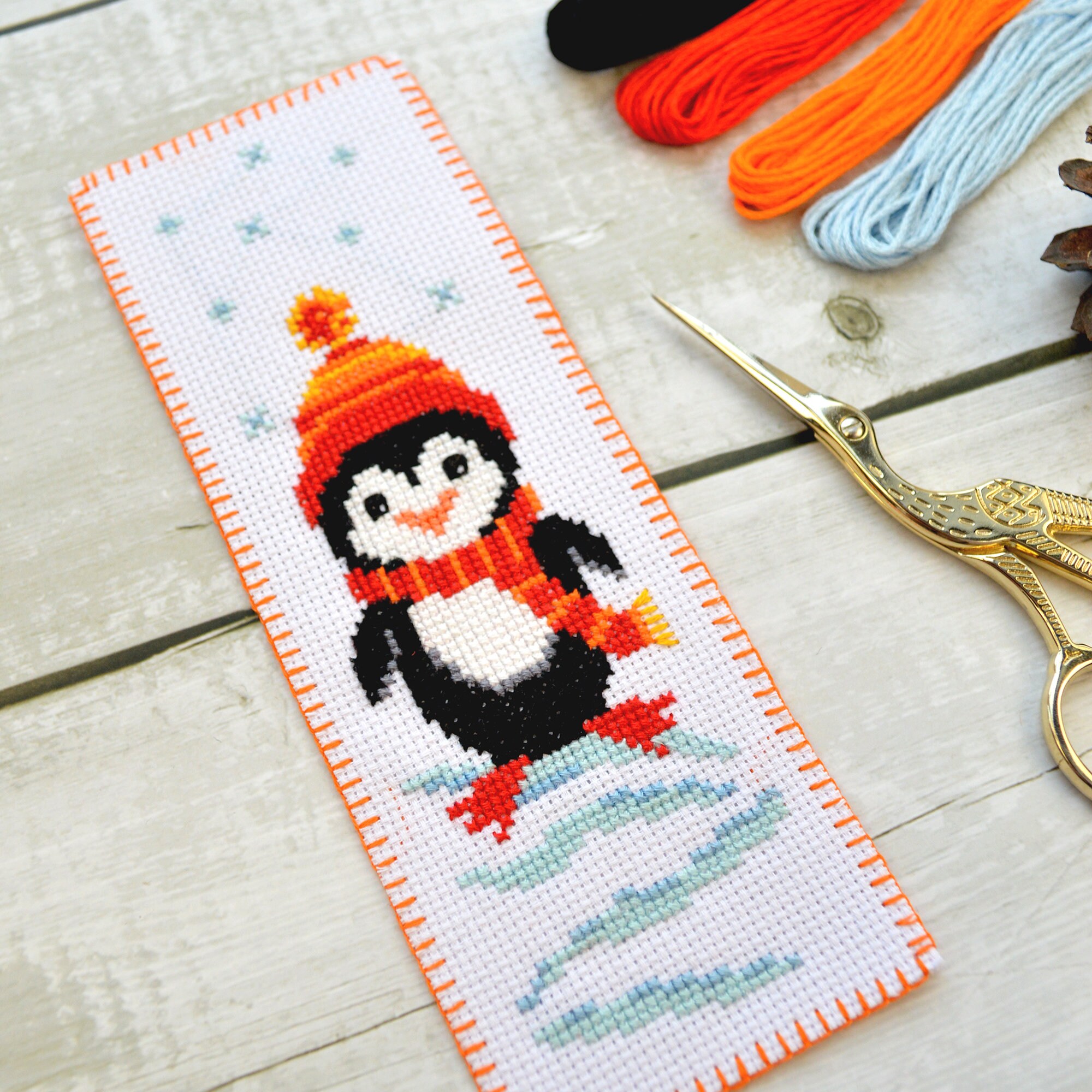 Modern cross stitch bookmark pattern Penguin Cute winter Etsy
