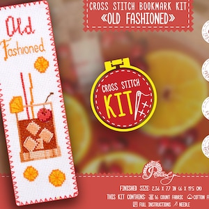 Drink Kreuzstichpackung &#39;Old fashioned&#39;, Lesezeichen Stickpackung mit Easy Counted Pattern, DIY handgemachtes Geschenk für Buchliebhaber, Geschenk für Freund