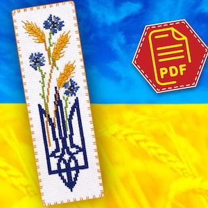 Cross stitch pattern &#39;Blooming Ukraine&#39; Ukrainian Trident - Patriotic embroidery design for handmade bookmark - Download in PDF