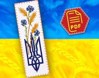 Cross stitch pattern 'Blooming Ukraine' Ukrainian Trident - Patriotic embroidery design for handmade bookmark - Download in PDF