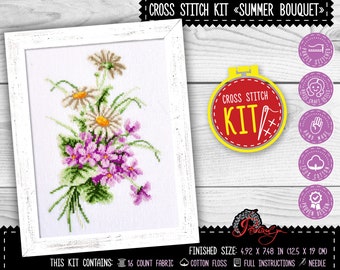 May include: Cross stitch kit featuring a floral bouquet with white daisies and purple flowers. The kit includes 16 count fabric, cotton floss, full instructions, and a needle. The finished size is 4.92 x 7.48 inches (12.5 x 19 cm).