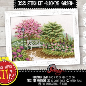 Spring garden landscape embroidery kit &#39;Spring garden&#39;, Cherry tree blossom cross stitch counted pattern, DIY wall decor for living room