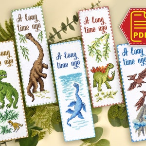 Set of 5 cross stitch bookmark patterns in PDF &#39;Dinosaurs&#39; - Unique modern embroidery designs for kids - Download in PDF