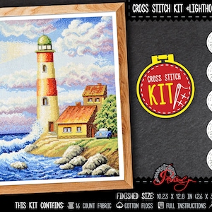 Seascape Counted Cross Stitch Kit &#39;Lighthouse&#39;, Hand Embroidery Kit - DIY Set with Nautical Pattern, Seaside Beach Ocean Themed DIY Decor