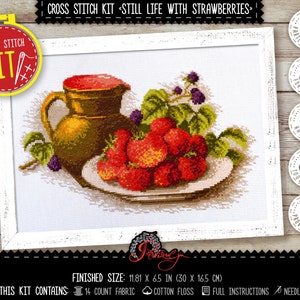 Still life with strawberries cross stitch kit, Counted pattern included, DIY embroidery kit for Farmhouse kitchen decor
