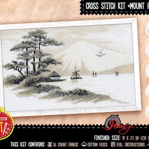 May include: Cross stitch kit featuring a Japanese landscape with a mountain, trees, and a lake. The kit includes 16 count fabric, cotton floss, full instructions, and a needle. The finished size is 11 x 7.1 inches.