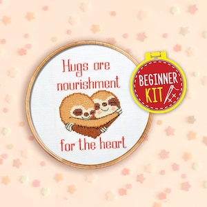 Kit de punto de cruz para principiantes: "Perezosos enamorados". Bordado de animales con patrón contado para niños y adultos. Regalo de San Valentín.