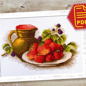 Strawberries cross stitch counted pattern, Still life embroidery design with red berries, DIY farmhouse fruit kitchen decor, Download in PDF