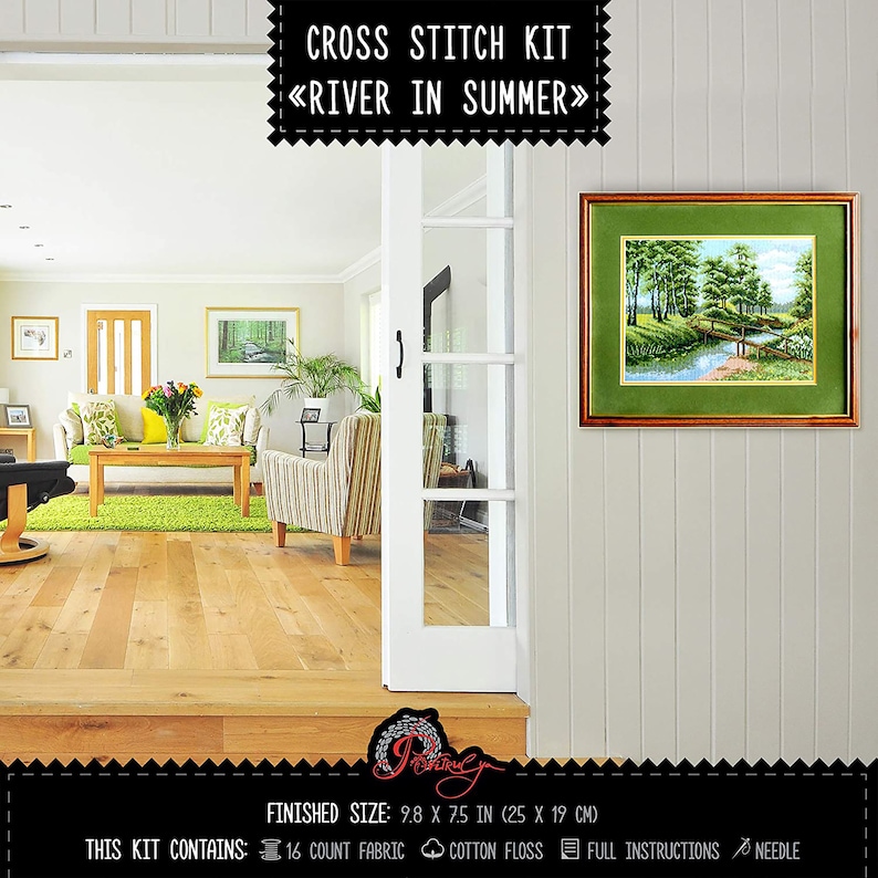Nature cross stitch kit, Forest landscape embroidery kit with counted pattern 'River in summer' DIY housewarming gift image 9