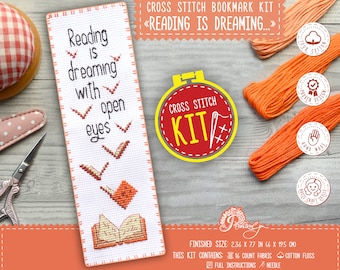 Quote cross stitch, Bookmark kit 'Reading is Dreaming with open eyes' Counted pattern included - DIY unique gift for book readers