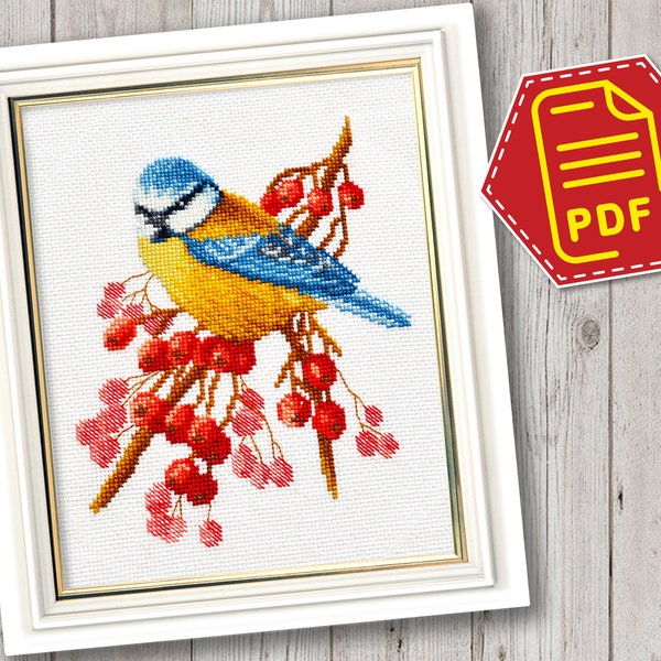 Winter bird cross stitch counted pattern 'Blue Titmouse' - Download in PDF
