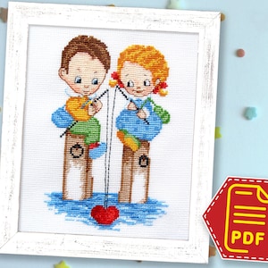 Love cross stitch counted pattern Cute Fishermen embroidery design - Download in PDF