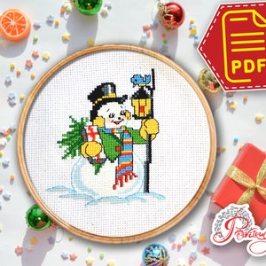 Christmas Snowman cross stitch pattern, Winter holidays embroidery design for Christmas ornaments - Instant Download in PDF