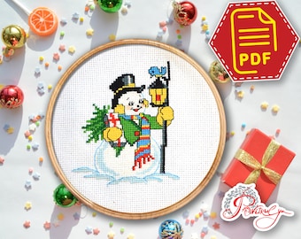 クリスマス スノーマン クロスステッチ パターン、クリスマス飾りの冬の休日の刺繍デザイン - PDF で即時ダウンロード
