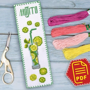 Cross Stitch Pattern Cocktail &quot;Mojito&quot; Fully Booked Bookmark - Download Embroidery Design in PDF