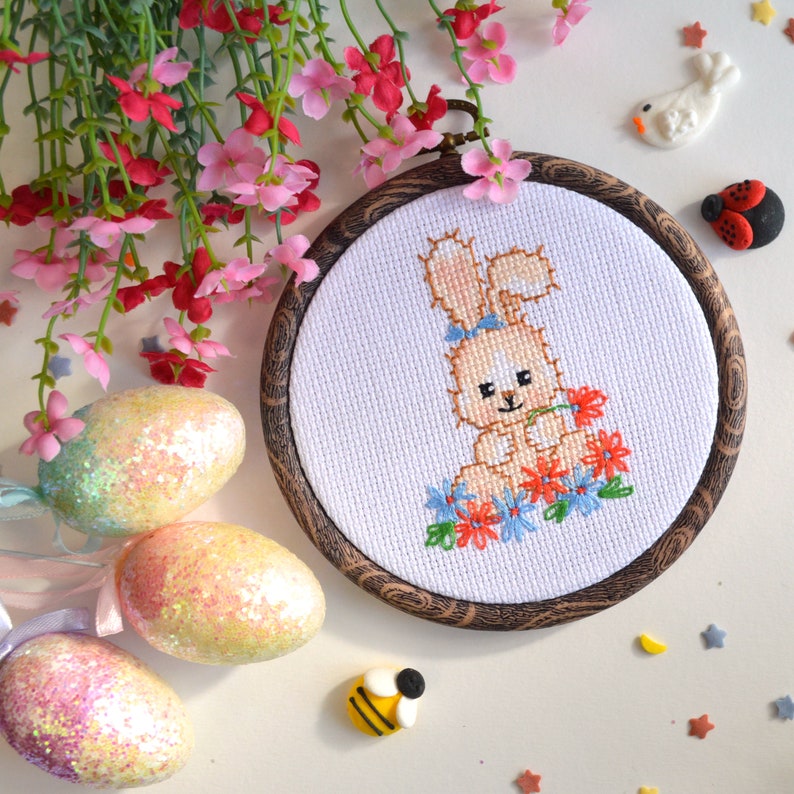 Counted Cross Stitch Pattern Cute Easter Bunny Amid Flowers - Baby ...
