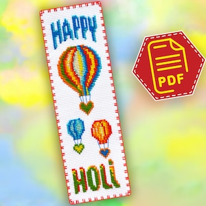 Frohes Holi-Kreuzstichmuster – Kreuzstichmuster „Festival der Farben“ – Lesezeichen-Stickdesign für das Holi-Festival – als PDF herunterladen