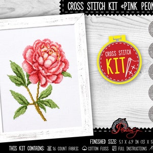 Modern cross stitch kit &#39;Pink Peony&#39; - Summer flowers beginner embroidery kit for adults and kids - Handmade home decor - Mother&#39;s Day gift