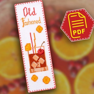 Alcohol drink cross stitch cocktail pattern &#39;Old fashioned&#39; DIY rocks glass bookmark for booklover - Download embroidery design in PDF