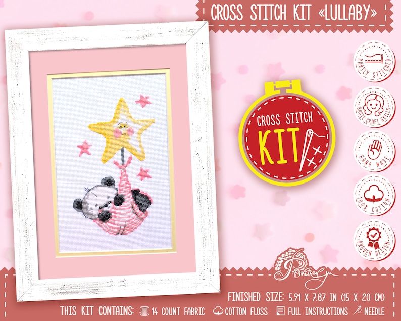 K&ouml;nnte beinhalten: Kreuzstich-Set mit einem rosa-wei&szlig;en Panda, der einen gelben Stern h&auml;lt. Das Set enth&auml;lt 14er Aida-Stoff, Baumwollgarn, eine vollst&auml;ndige Anleitung und eine Nadel. Die fertige Gr&ouml;&szlig;e betr&auml;gt 15 x 20 cm (5,91 x 7,87 Zoll).
