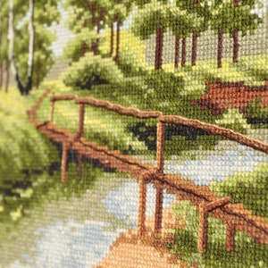 Nature cross stitch kit, Forest landscape embroidery kit with counted pattern 'River in summer' DIY housewarming gift image 5