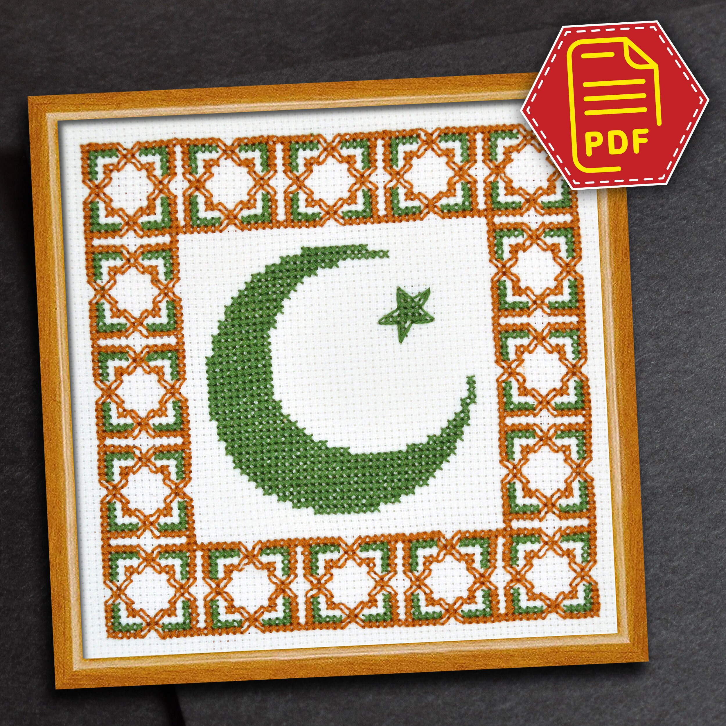 Crescent And Star Cross Stitch Kit - Islamic Embroidery Set For Adults, Ramadan Eid Muslim Needlework Gift