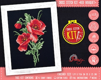 Red poppies bouquet cross stitch kit, Poppy embroidery kit for intermediate or advanced - Handmade kitchen wall decor - Cross stitch gifts