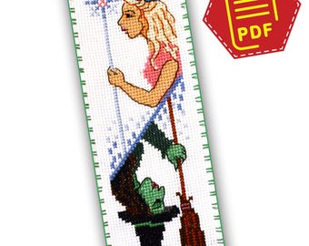 Padrão de marcador de ponto cruz Oz Witches em PDF, design de bordado de fada para marcador de página feito à mão - presente mágico DIY para amante de livros